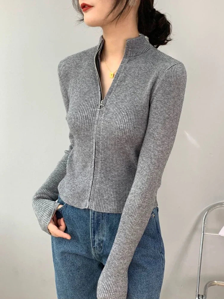 Spring Autumn Zipper Cardigan Women Sweaters Knitted Long Sleeve Stand-up Collar Tops Korean Fashion Short Sweater for Female