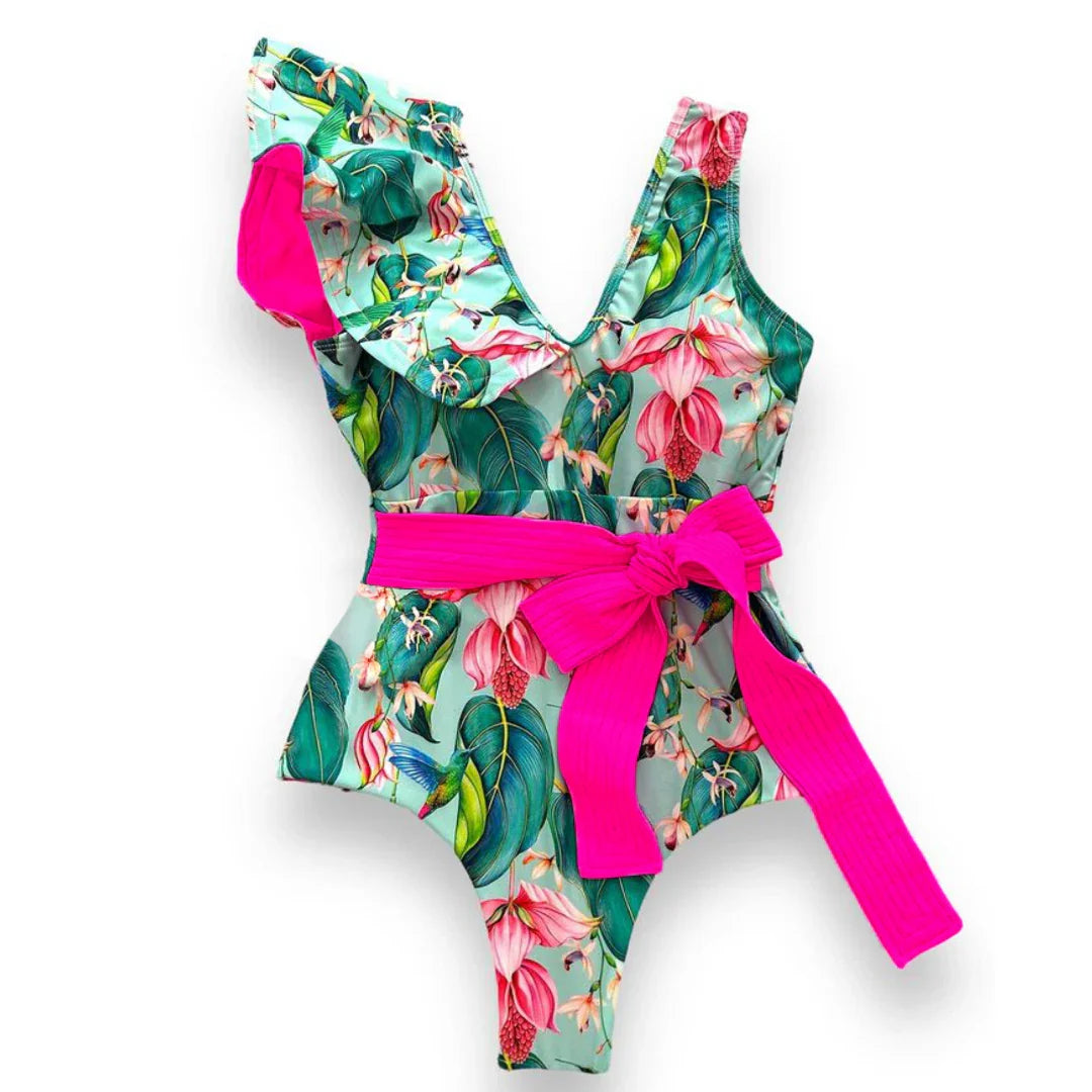 2025 New Sexy V-Neck One Piece Swimsuit Belt Swimwear Women Ruffle Monokini Push Up Swim Suit Colorful Bathing Suit Female Beach