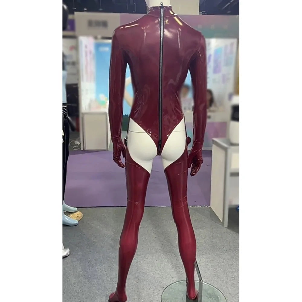 3PCS/SET Wet Look PVC Cosplay Outfit Catusit Shiny PU Leather Zipper Bust Open Crotch Bodysuit Tight Sexy Body Teddies Stockings