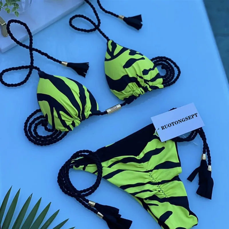 Sexy Swimsuit Women Triangle Bikinis Set Thong Bandage Swimsuits Solid Color bathing suit  Two Piece String Swimear Beach Wear
