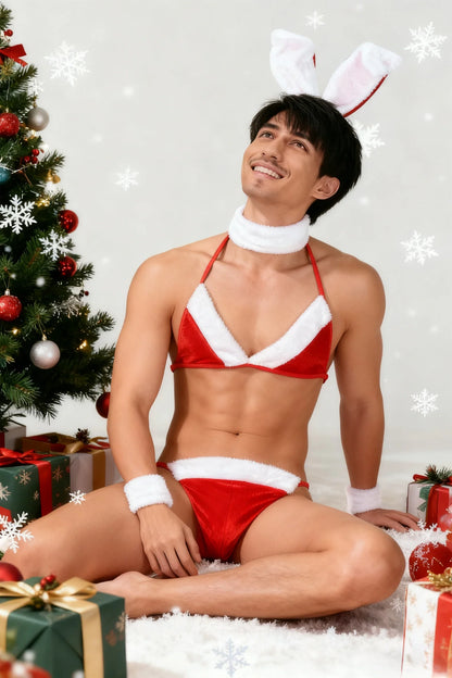 Erotic Lingerie Set Sexy Men Thong Christmas Underwear Man Bunny Ears Velvet Bikini Bra Sissy Crossdressing Cosplay Costume