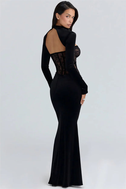 Mozision Long Sleeve Backless Sexy Maxi Dress Women Gown Elegant Lace Print Off-shoulder High Waist Ruched Bodycon Club Dresses