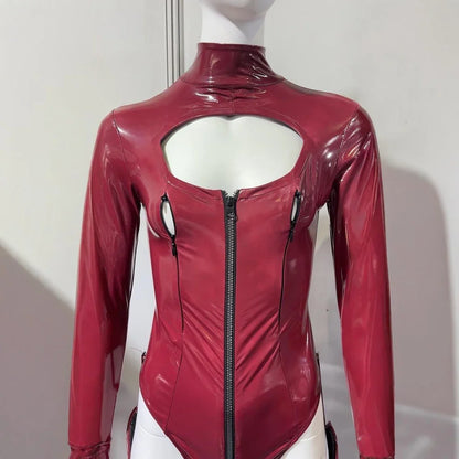 3PCS/SET Wet Look PVC Cosplay Outfit Catusit Shiny PU Leather Zipper Bust Open Crotch Bodysuit Tight Sexy Body Teddies Stockings