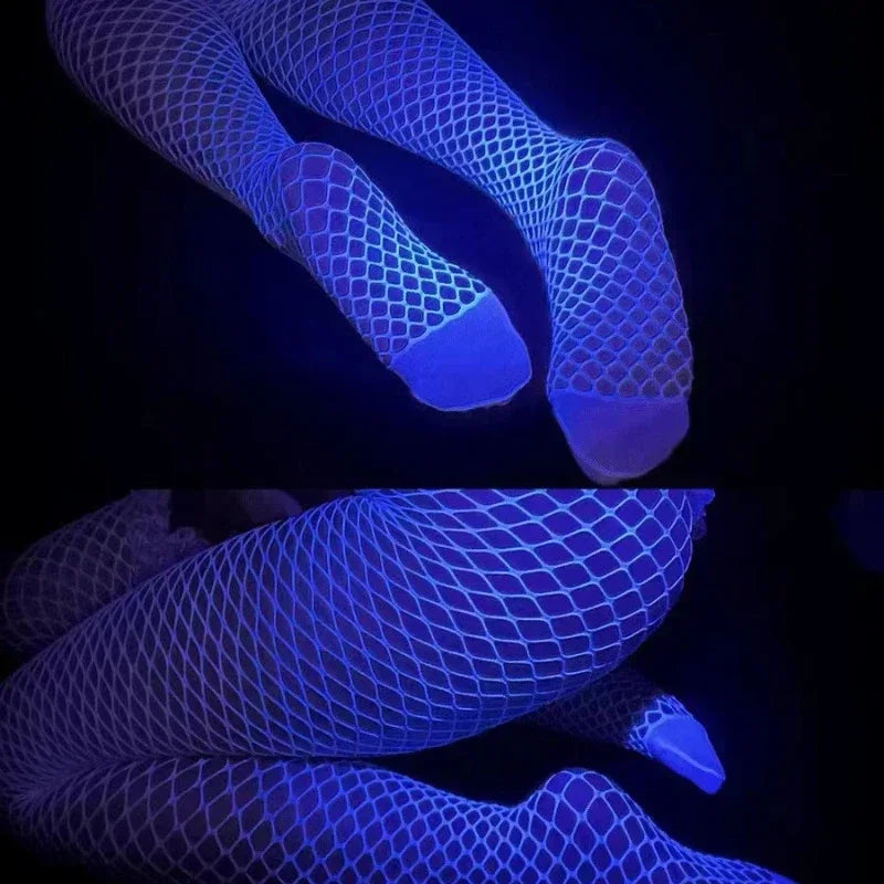 Night Fluorescent Women's Long Socks Fishnet Body Stockings Curve Lingerie Mesh Fabric High Waist Sex Tights Sexy Bodysuits