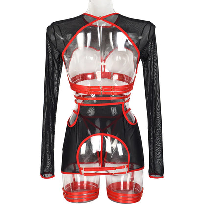 Diccvicc Long Sleeve Lingerie Sexy Sheer Mesh Porn Top Crotchless Skirt Naked Bandage Women Underwear Uncensored Erotic Costume
