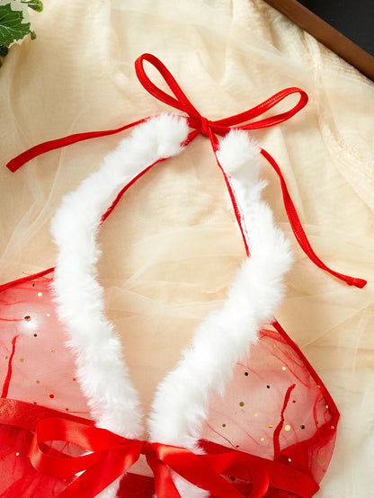 New Sexy Lingerie Christmas Exclusive Pajamas Seductive Expose The Body Exotic Red Lace Up Plush Skirt Babydolls Women Two-piece