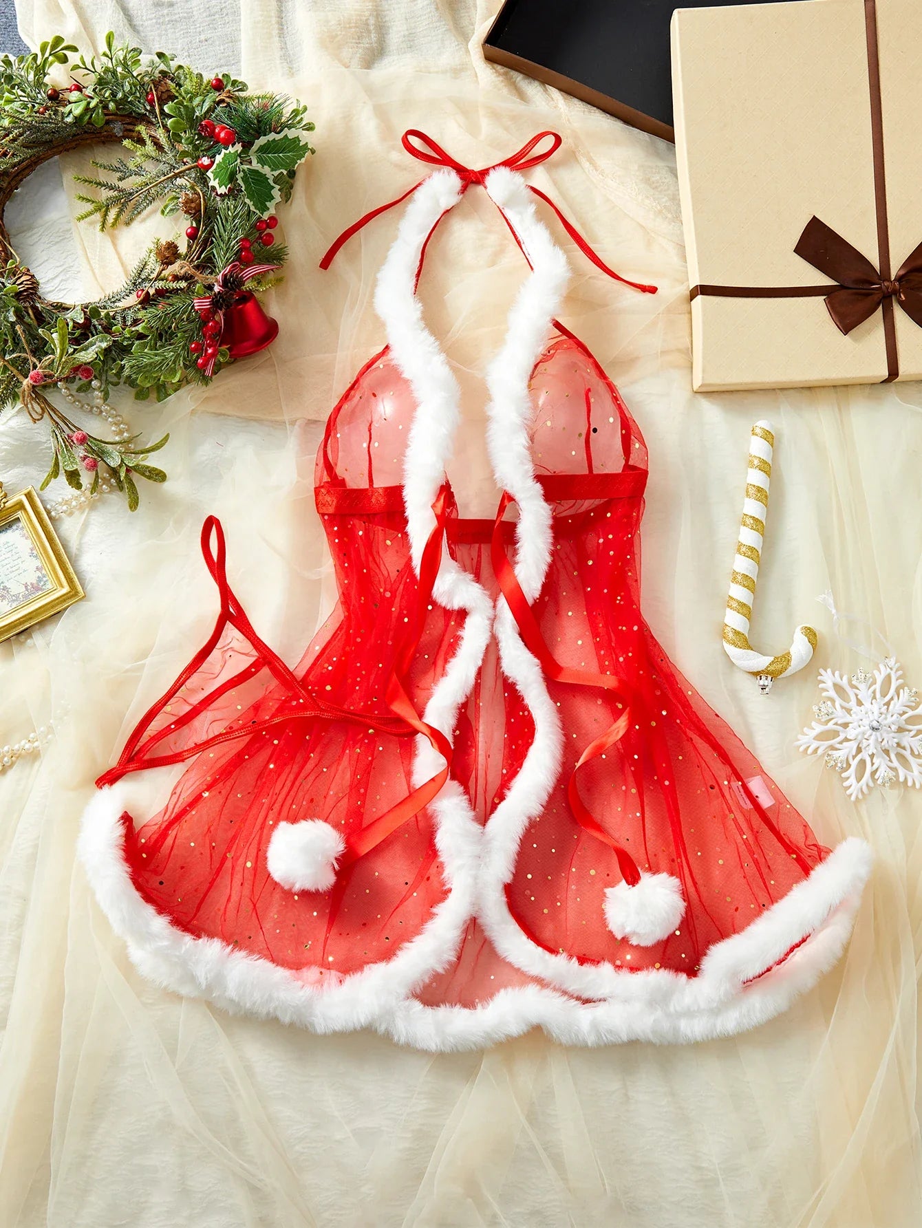 New Sexy Lingerie Christmas Exclusive Pajamas Seductive Expose The Body Exotic Red Lace Up Plush Skirt Babydolls Women Two-piece