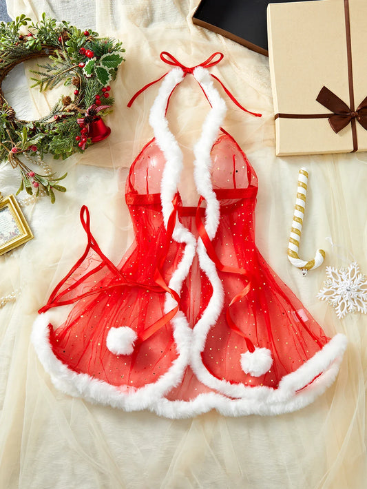 New Sexy Lingerie Christmas Exclusive Pajamas Seductive Expose The Body Exotic Red Lace Up Plush Skirt Babydolls Women Two-piece