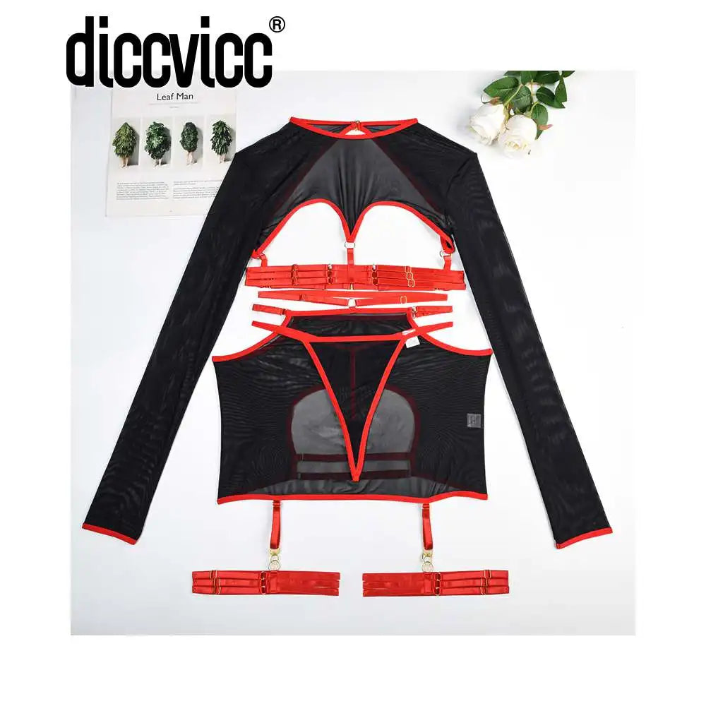 Diccvicc Long Sleeve Lingerie Sexy Sheer Mesh Porn Top Crotchless Skirt Naked Bandage Women Underwear Uncensored Erotic Costume