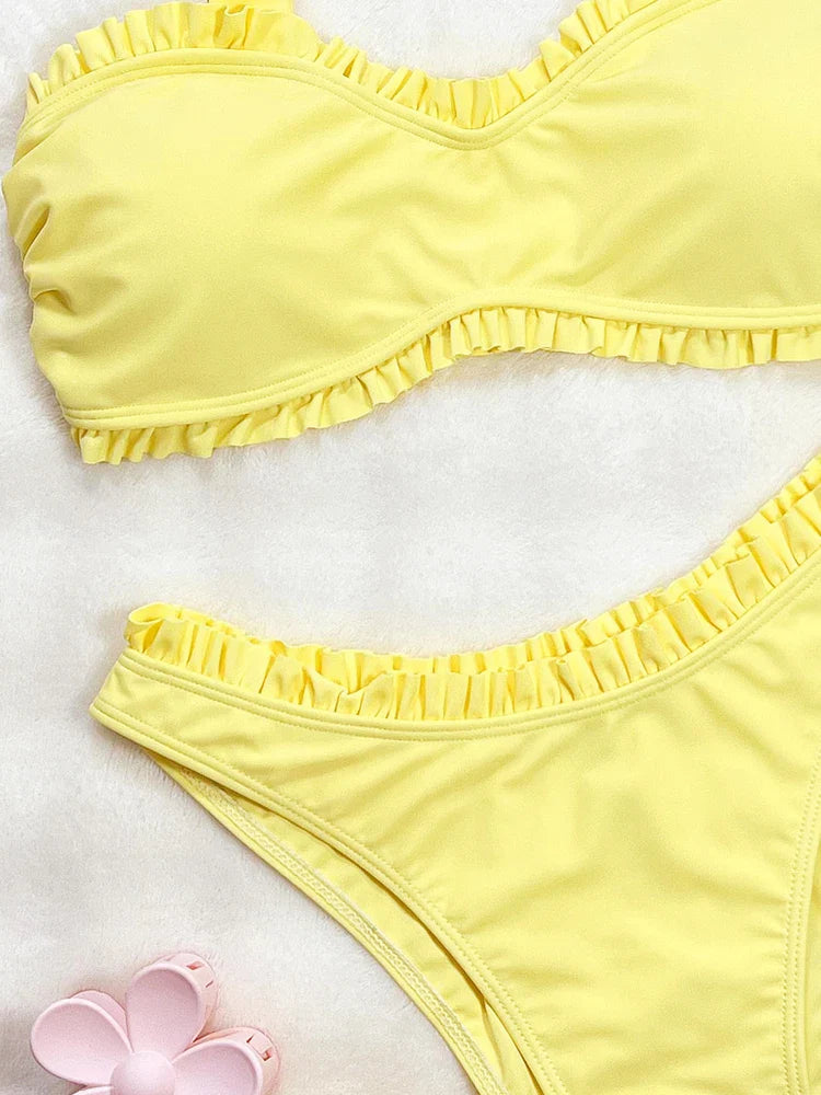 Vigoashely 2025 Sexy Ruffle Bikini Set Strapped Push UP Swimsuit High Cut Verge Swimwear Women Backless Yellow Bathing Suit