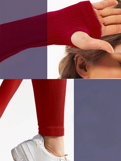 Solid Color Ribbed Yoga Jumpsuit, Seamless Slim Fit Long Sleeve Sports Bodysuit, Women's Activewear