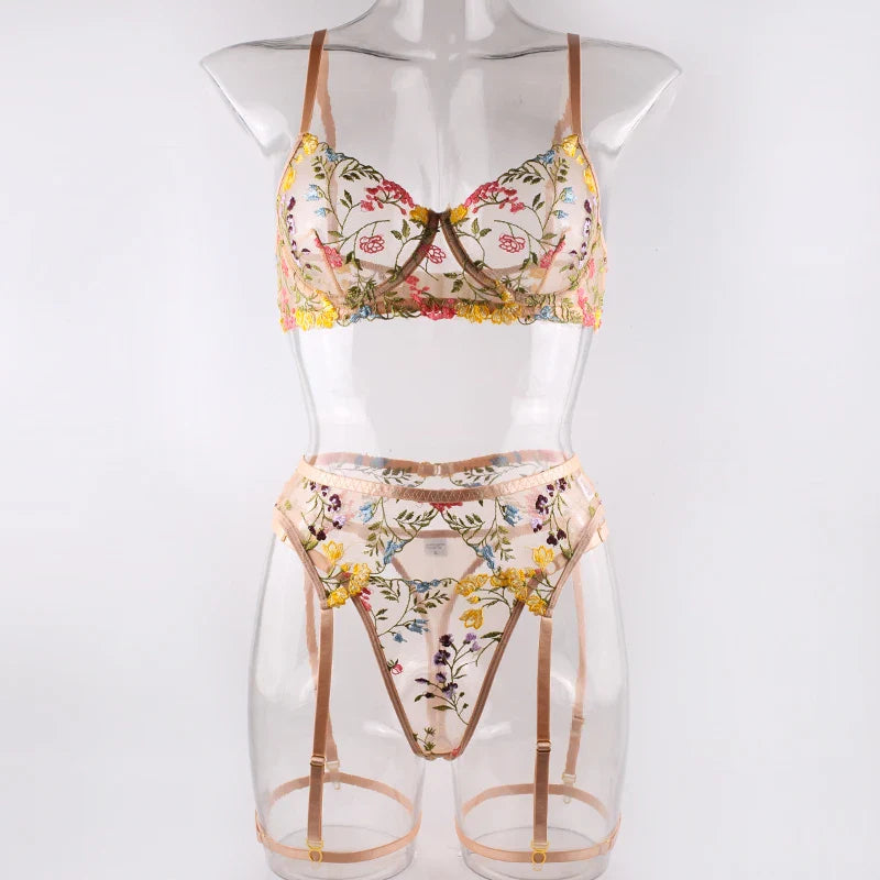Sexy Women's Lace Lingerie 3Pcs Sets Fancy Flowers Embroidery Transparent Bras And Thongs Underwear Set Erotic Intimate Suits ﻿