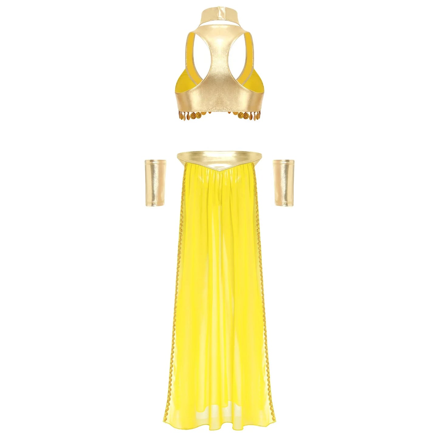 Women Halloween Cleopatra Ancient Egyptian Queen Sun Goddesses Cosplay Costume Crop Top with Skirt Choker Cuffs Belly Dance Set