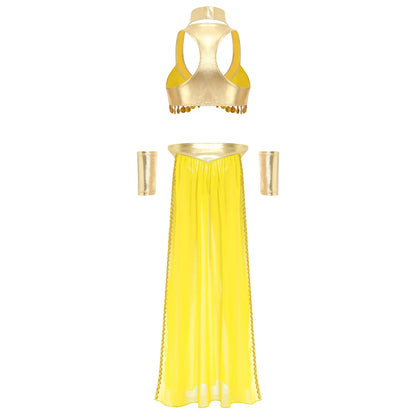 Women Halloween Cleopatra Ancient Egyptian Queen Sun Goddesses Cosplay Costume Crop Top with Skirt Choker Cuffs Belly Dance Set