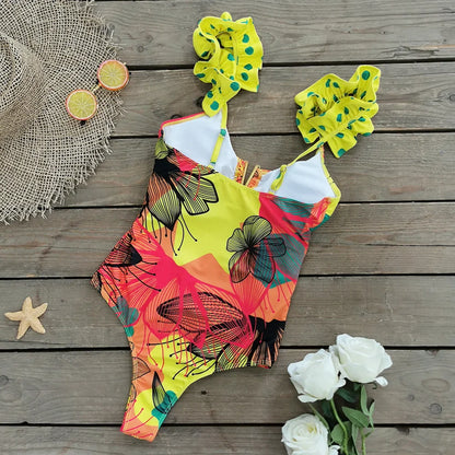 2025 New Sexy V-Neck One Piece Swimsuit Belt Swimwear Women Ruffle Monokini Push Up Swim Suit Colorful Bathing Suit Female Beach