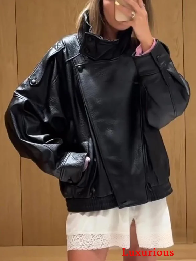 KONDALA Casual Chic Black Leather Jackets Women Long Sleeve Buttons Elastic Oversized Coats Fashion 2025 Fall Streetwear Coats