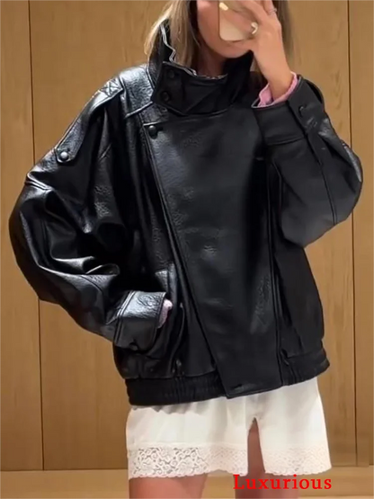 KONDALA Casual Chic Black Leather Jackets Women Long Sleeve Buttons Elastic Oversized Coats Fashion 2025 Fall Streetwear Coats