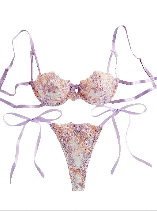 Floral Embroidery Transparent Mesh Bra Brief Sets Ultra Thin Straps Flowers Lace Sexy Lingerie Half Cup Woman Underwear 2025