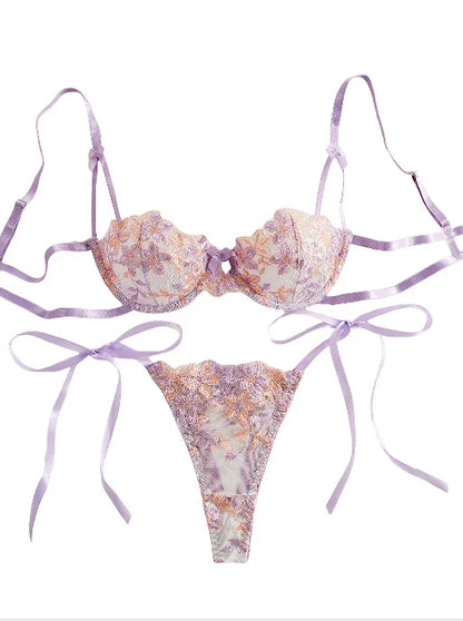 Floral Embroidery Transparent Mesh Bra Brief Sets Ultra Thin Straps Flowers Lace Sexy Lingerie Half Cup Woman Underwear 2025
