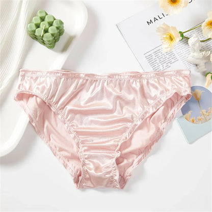 Ladies Frill Trim Satin Ice Silk Seamless No Show Underwear Invisible Briefs Plus Size Women's Panties S/M/L/XL