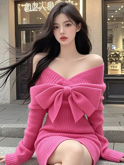 Elegant Party Dresses Rose Red V-neck Bow Long-sleeved Knitted Dress Autumn  Winter Waist-wrapped Short Sexy Dresses for Women