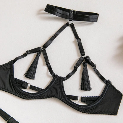 Sensual Tassel Lingerie Set Women See Through Halter Cut Out Sexy Bilizna Erotic Set Intimate Naked Back Open Brief Kit