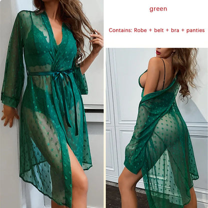 Women's Sexy Sheer Lace Robe+Lace Bra+Panty Lingerie Set See Through Kimono Lingerie Dress Lace Gown Sleepwear