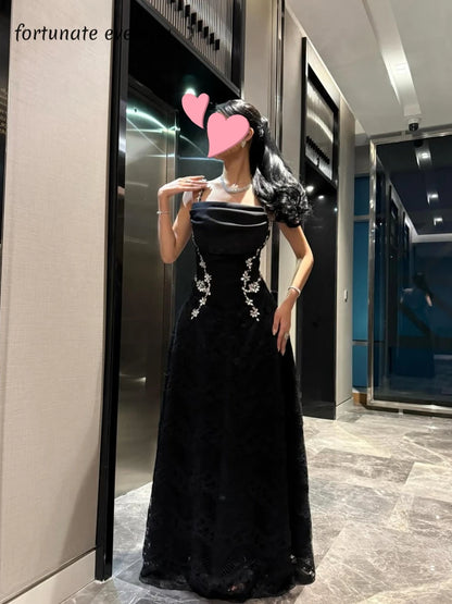 Fortunate Evening Elegant Vintage Sexy Black Lace Crystal Backless Customized Formal Occasion Prom Dress Evening Party Gowns