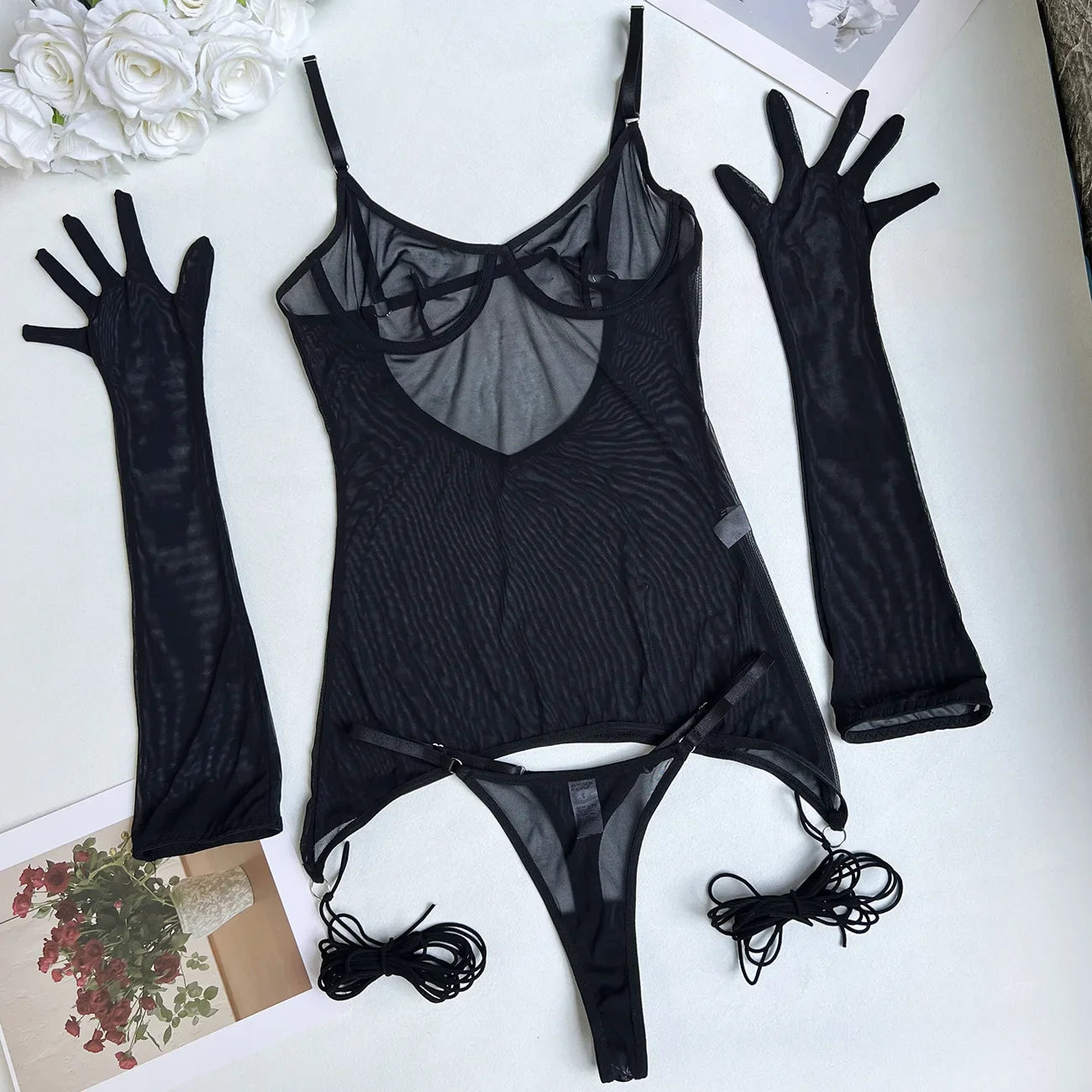 Yimunancy Sheer Mesh Lingerie Set Women 4-Piece Backless Sexy Dress Sexy Erotic Solid Brief Underwer Set Nightwear