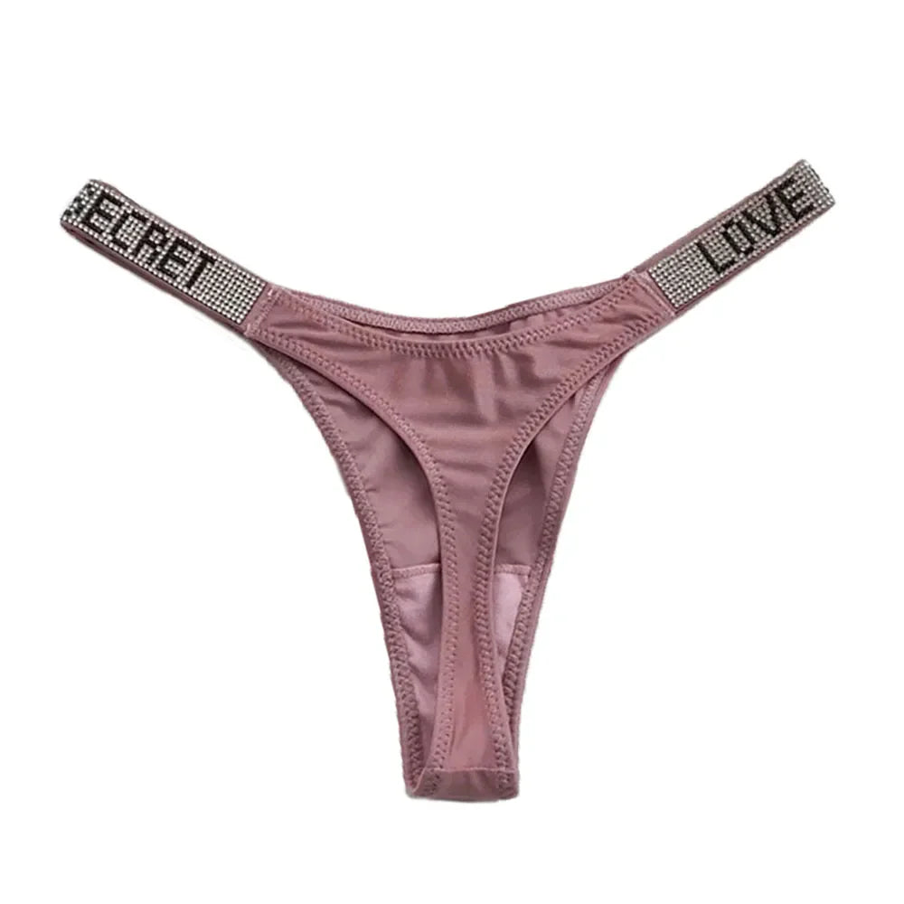 Sexy Triangle Fitness Sports With Letter Low Rise Briefs Sexy T-Back G-string Women Panties Rhinestone Thong