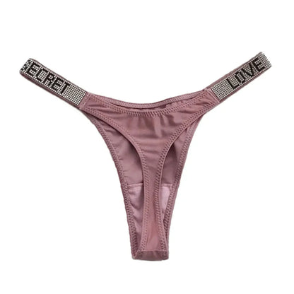 Sexy Triangle Fitness Sports With Letter Low Rise Briefs Sexy T-Back G-string Women Panties Rhinestone Thong