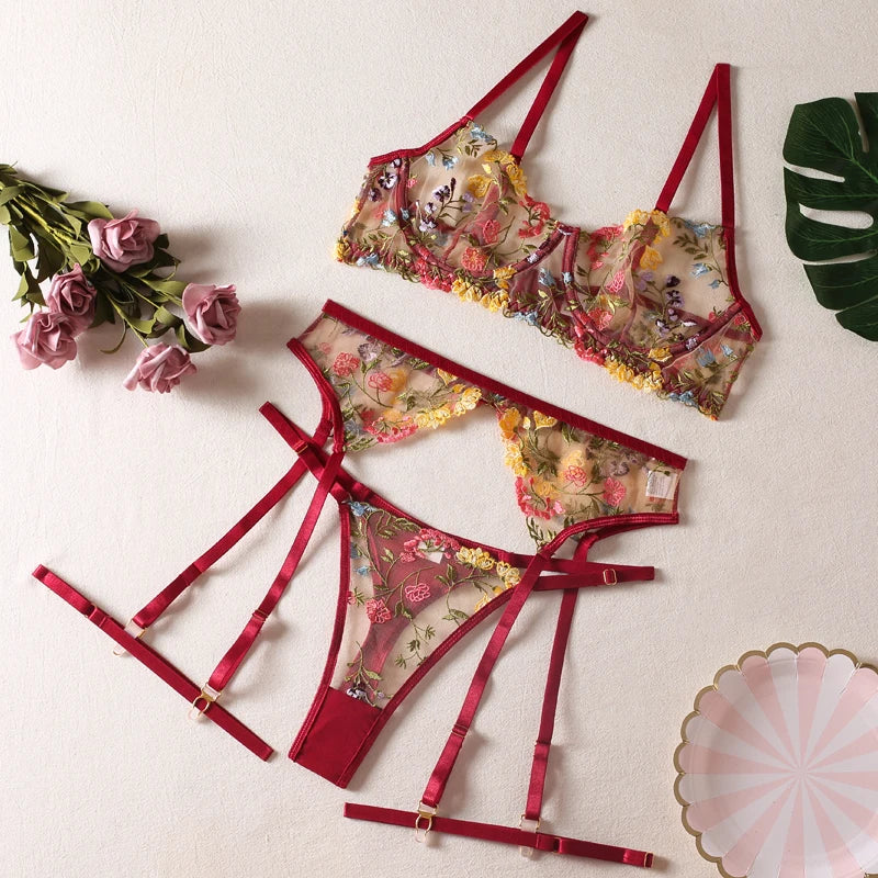 Sexy Women's Lace Lingerie 3Pcs Sets Fancy Flowers Embroidery Transparent Bras And Thongs Underwear Set Erotic Intimate Suits ﻿