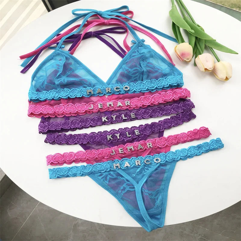 Custom Name Crystal Letter Bra and Panties Sets Sexy Lace Halter Bra Thong Personalized Customized Name Underwear G-String Gift
