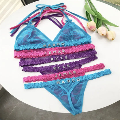 Custom Name Crystal Letter Bra and Panties Sets Sexy Lace Halter Bra Thong Personalized Customized Name Underwear G-String Gift