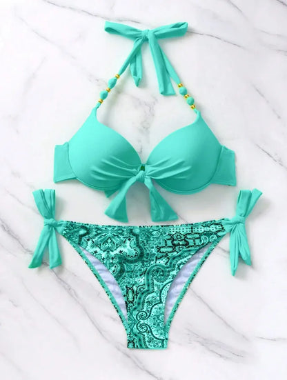 2024 New Print 2-piece Swimsuit for Women,hard Cup Suspender Push Up Bikini Set,summer Beach Vacation Backless Bathing Suit