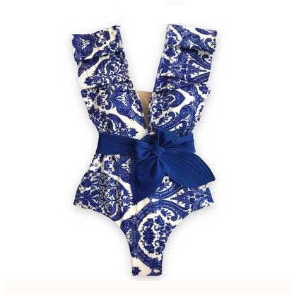 2025 New Sexy V-Neck One Piece Swimsuit Belt Swimwear Women Ruffle Monokini Push Up Swim Suit Colorful Bathing Suit Female Beach