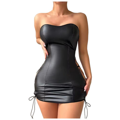 Sexy Lingerie Women Babydoll Leather Dress Erotic Lingerie Sex Bodycon Strapless Nightwear Black Bandage Hip Wrapped Sleepwear