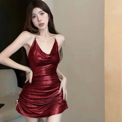 Sliver Mini Dress Sexy Spicy Girl Pile Collar Hanging Neck Bright Open Back Dress Elegant Girl Fashion Sweet