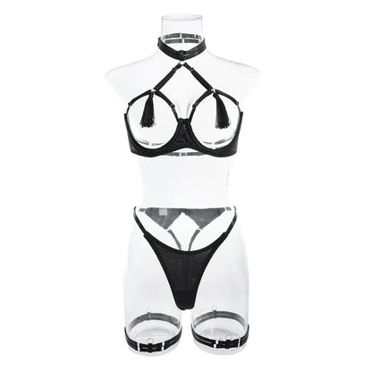Sensual Tassel Lingerie Set Women See Through Halter Cut Out Sexy Bilizna Erotic Set Intimate Naked Back Open Brief Kit
