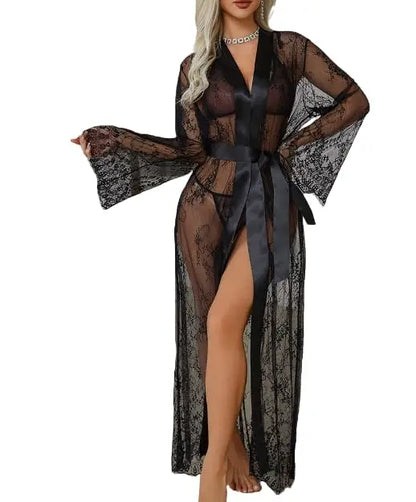 Women's Sexy Sheer Lace Robe Lingerie Long See Through Kimono Lingerie Dress Lace Gown Sleepwear