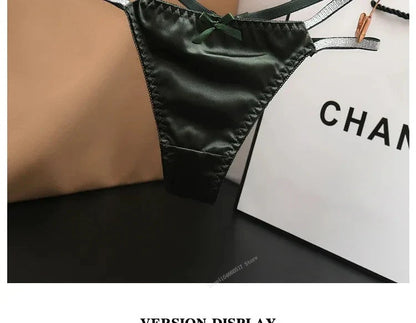 Sexy Silk Satin Thongs Hollow Out Fashion Solid Color Panties Cotton Crotch Low Waist Breathable Pure Color Women's Underwear