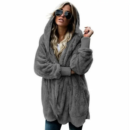 Autumn Winter Double Fleece Cardigan Jacket Women Solid Color Long Sleeve Plush Warm Hooded Lady Jacket Oversized Outerwear Coat