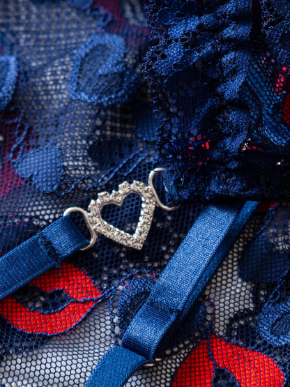 Sexy Red Lip Heart Mesh Nightgown Set Deep Blue Lace See-through Chemise Set Tempting Erotic Underwear Two-piece Set