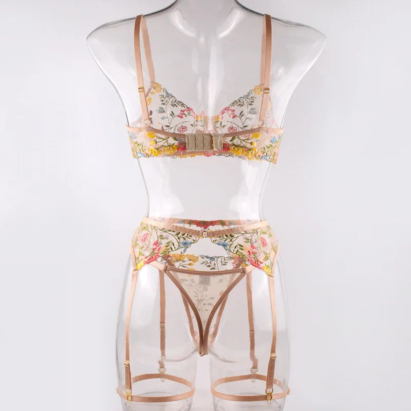 Sexy Women's Lace Lingerie 3Pcs Sets Fancy Flowers Embroidery Transparent Bras And Thongs Underwear Set Erotic Intimate Suits ﻿