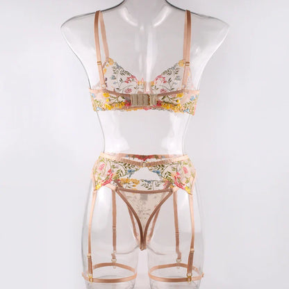 Sexy Women's Lace Lingerie 3Pcs Sets Fancy Flowers Embroidery Transparent Bras And Thongs Underwear Set Erotic Intimate Suits ﻿