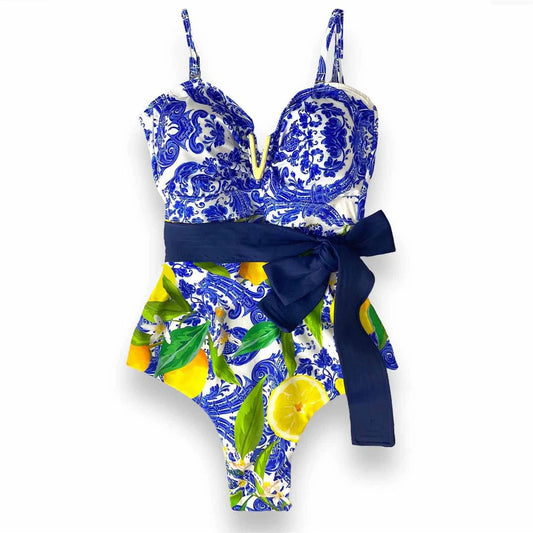 2025 New Sexy V-Neck One Piece Swimsuit Belt Swimwear Women Ruffle Monokini Push Up Swim Suit Colorful Bathing Suit Female Beach