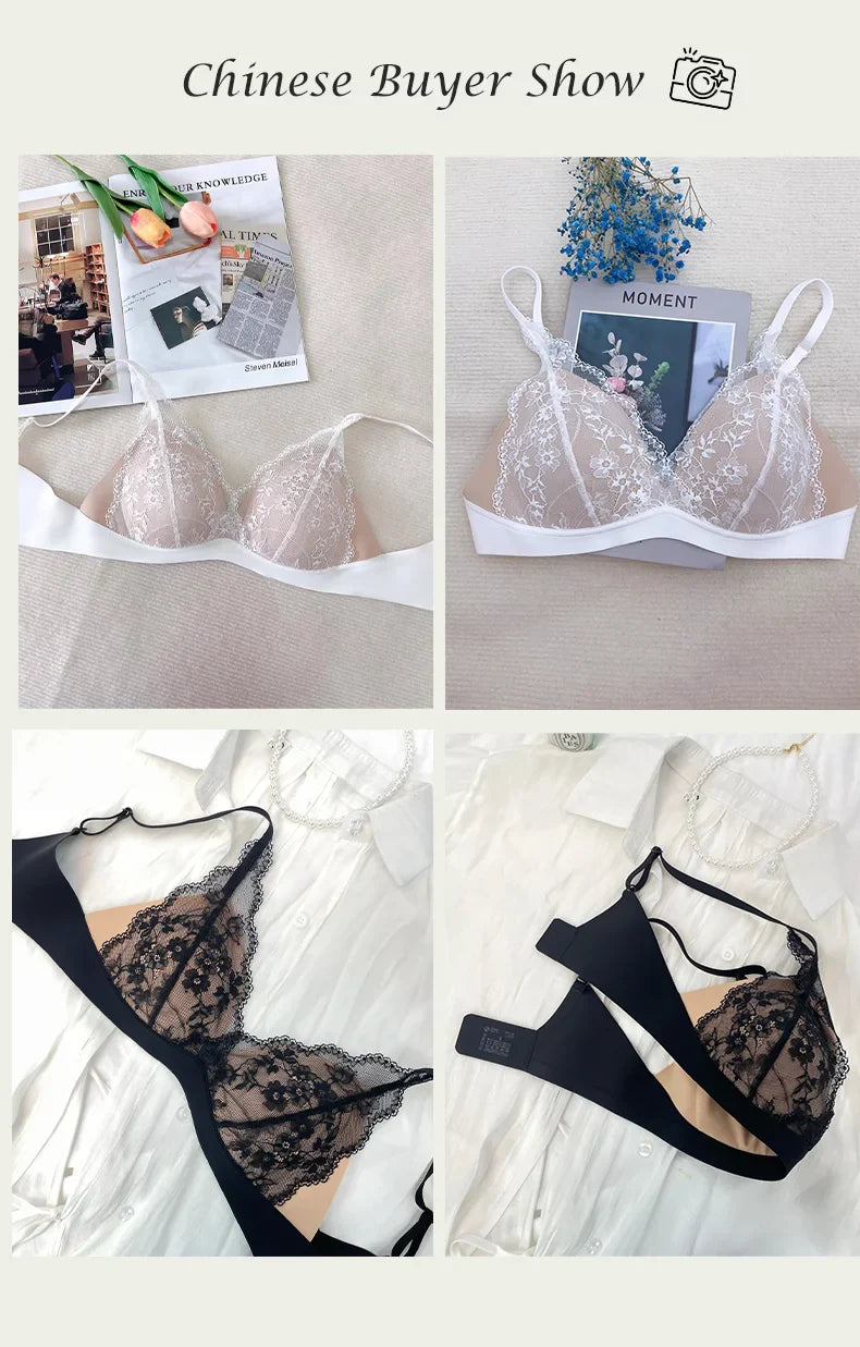SUJIIN Sexy Push Up Lace Bras for Women Summer Wireless Plunge Deep V Small Chest Bra Lady French Breathable Lingeries MX326