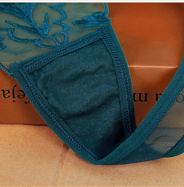 Sexy Embroidered and Hollowed-out Women's Thong, Party Vacation Jacquard Women's Panties - Purple and Green.