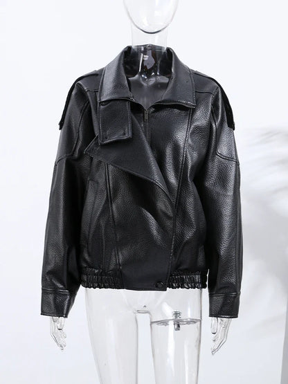 Street Stand Collar Women's Leather Jacket Loose Long Sleeve Zipper Pockets Chic Female Coats 2025 Autumn Winter Lady Outerwear