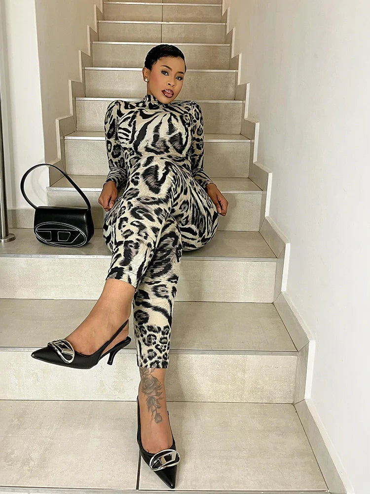 Sisterlinda Fitness Jumpsuit Women Sexy Zip Leopard Print Full Sleeve Streetwear Activity Workout Casual Tight Stretch Overalls